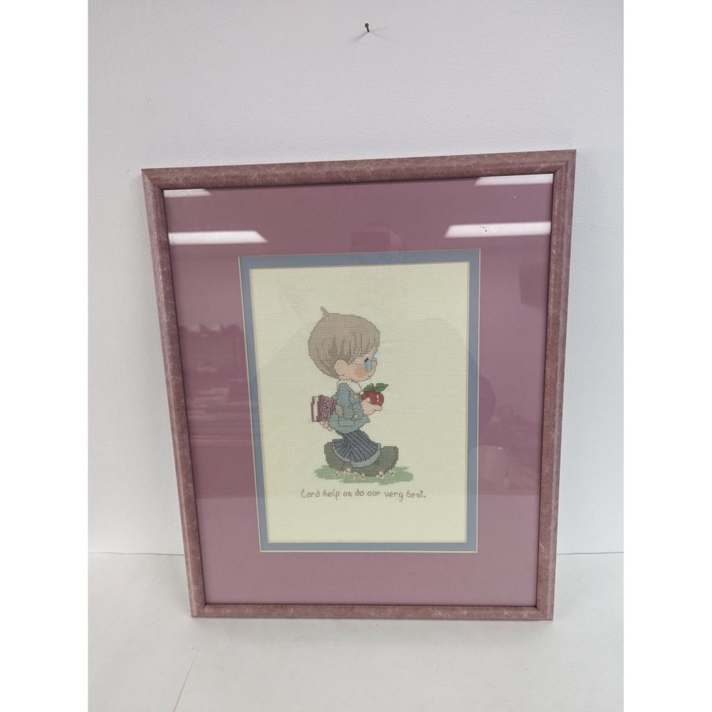 Precious Moments Cross Stitch Matted Framed Decor 17 X 20" Boy School Do Best